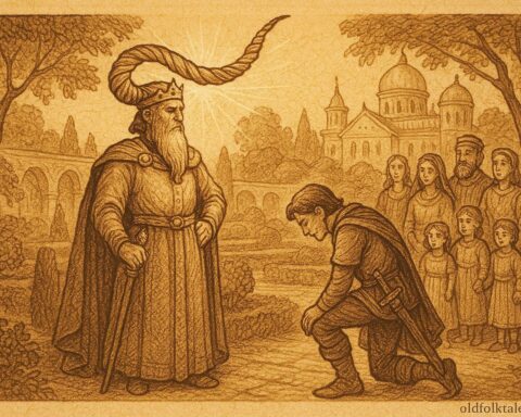 An illustration of Maltese king with horn in palace gardens, classic folktale scene