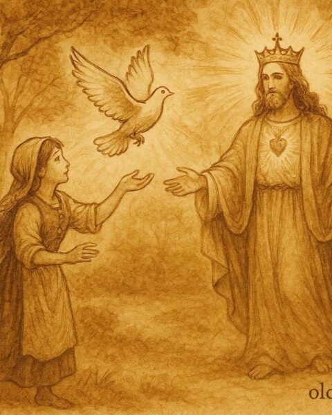 An illustration of Tuscan girl freeing a dove that transforms into the King of Love.