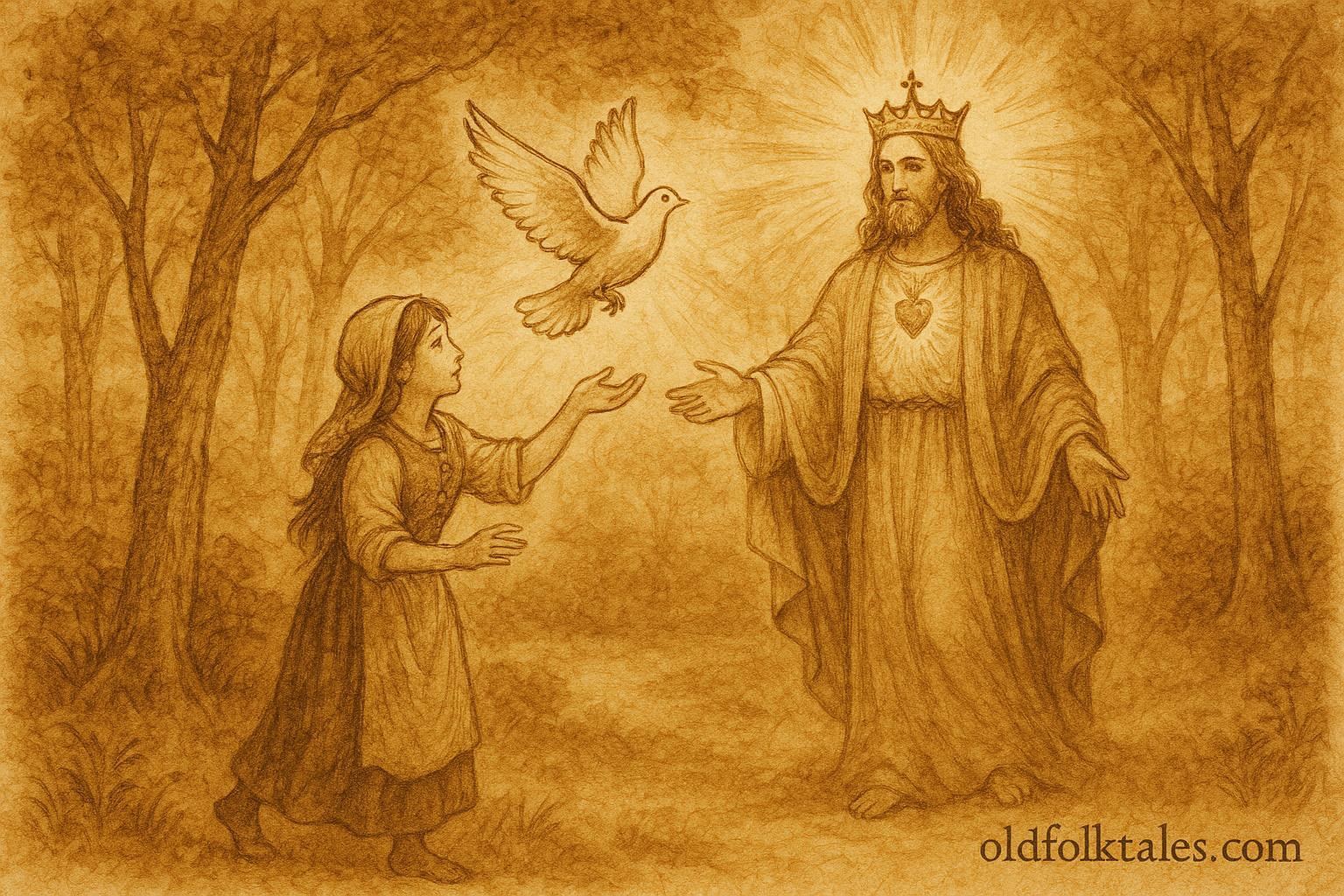 An illustration of Tuscan girl freeing a dove that transforms into the King of Love.