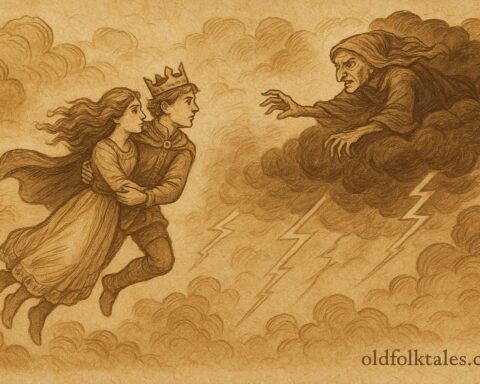 Parchment-style artwork of Swedish prince and Messeria escaping a sorceress through stormy skies, Swedish folktale scene.