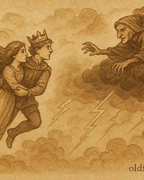 Parchment-style artwork of Swedish prince and Messeria escaping a sorceress through stormy skies, Swedish folktale scene.