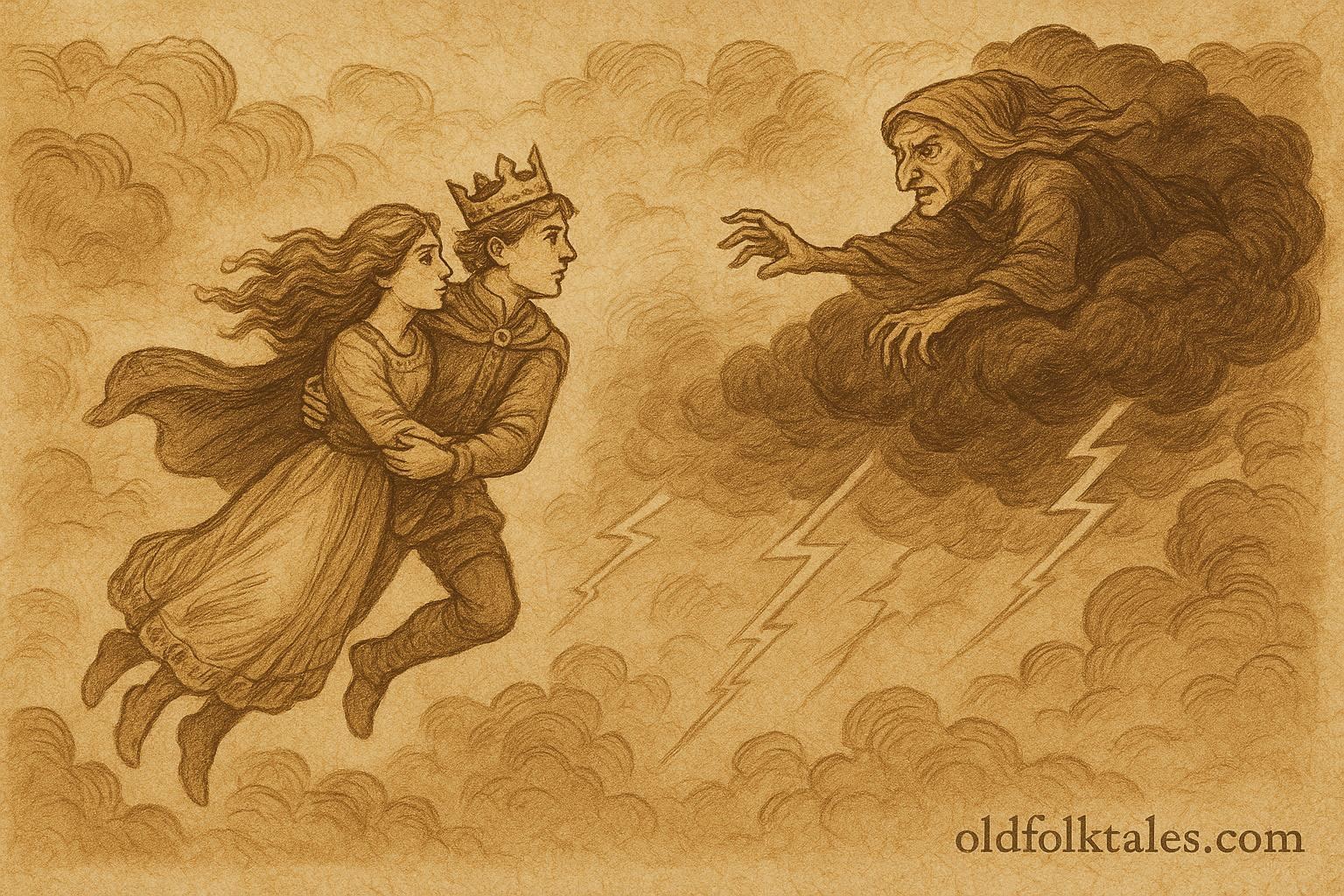 Parchment-style artwork of Swedish prince and Messeria escaping a sorceress through stormy skies, Swedish folktale scene.