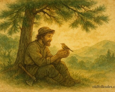 Parchment-style artwork of a Greek woodcutter holding a nightingale in the forest, Epirus folktale scene.