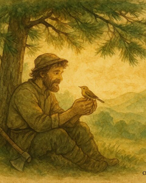 Parchment-style artwork of a Greek woodcutter holding a nightingale in the forest, Epirus folktale scene.