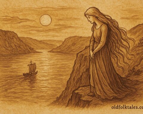 Parchment-style artwork of Lorelei on the Rhine cliff at dusk, German folktale scene.