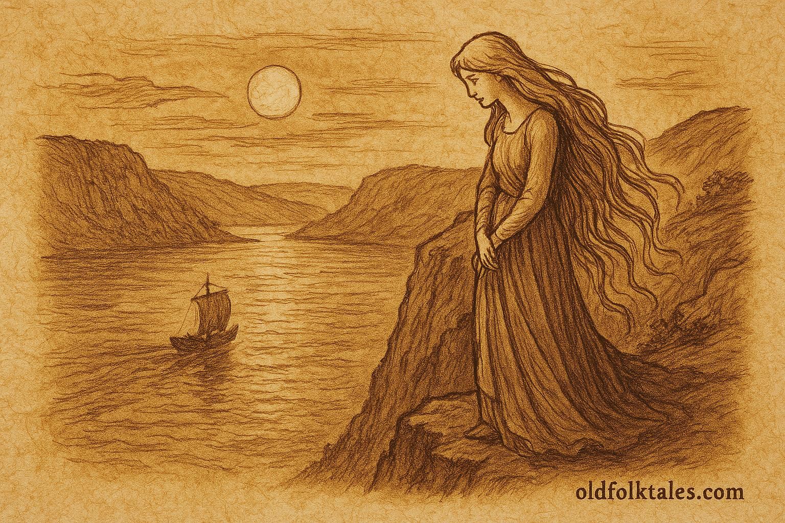Parchment-style artwork of Lorelei on the Rhine cliff at dusk, German folktale scene.
