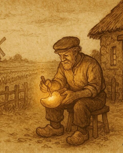 An illustration of Dutch carpenter Hendrik carving a magical wooden shoe in his cottage.