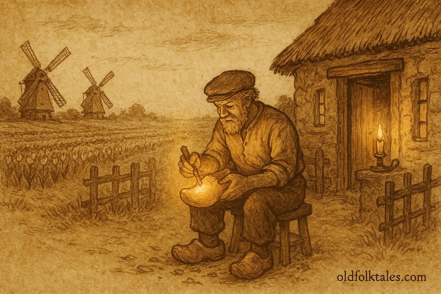 An illustration of Dutch carpenter Hendrik carving a magical wooden shoe in his cottage.