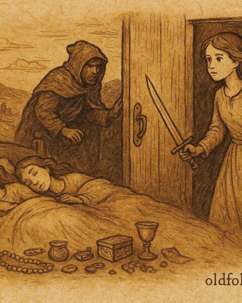 An illustration of the clever youngest maid defending home from robbers, Portuguese folktale scene.