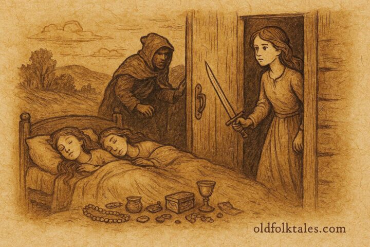 An illustration of the clever youngest maid defending home from robbers, Portuguese folktale scene.