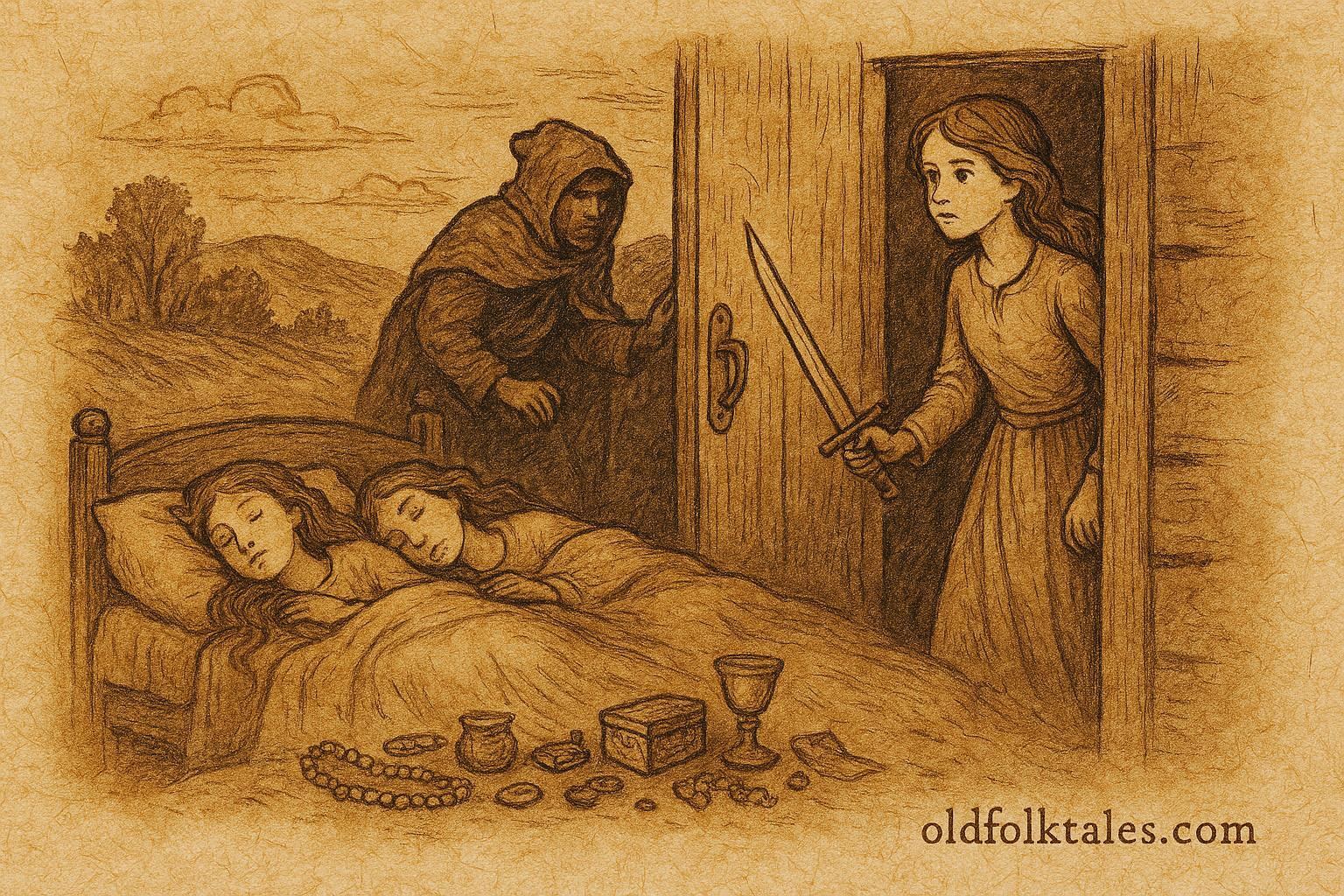An illustration of the clever youngest maid defending home from robbers, Portuguese folktale scene.