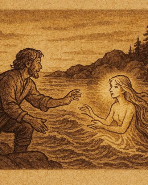 Parchment-style illustration of a Finnish fisherman and sea maiden by twilight coast, Finnish folktale scene.