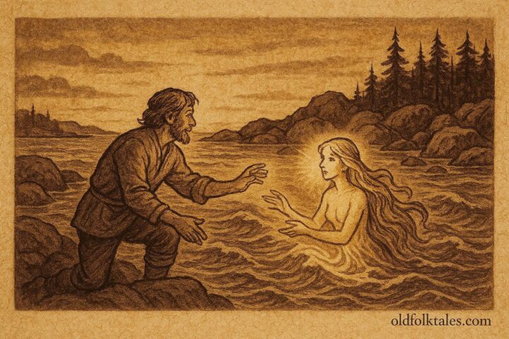 Parchment-style illustration of a Finnish fisherman and sea maiden by twilight coast, Finnish folktale scene.