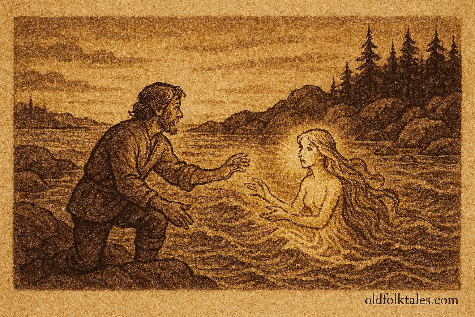 Parchment-style illustration of a Finnish fisherman and sea maiden by twilight coast, Finnish folktale scene.