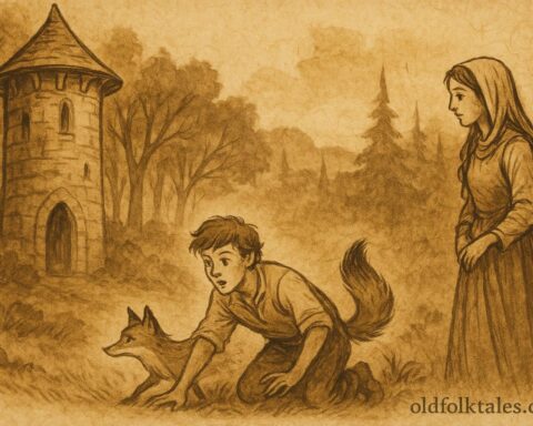 An illustration of youngest son transforming, European folktale scene.