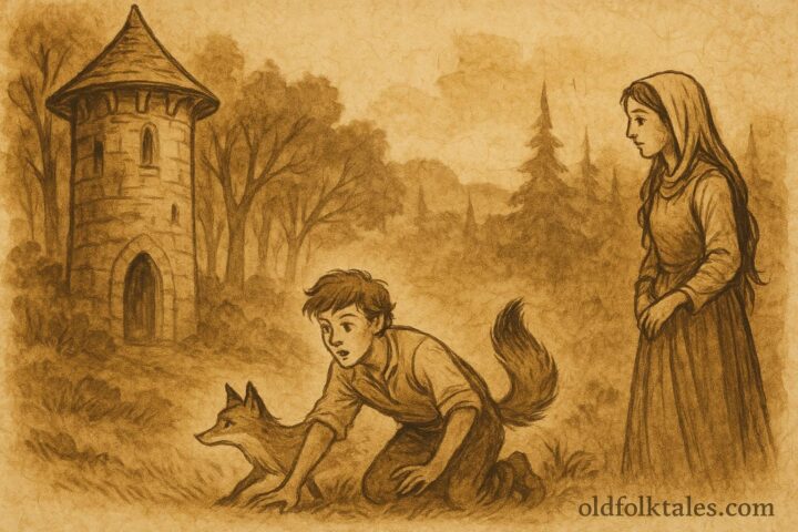 An illustration of youngest son transforming, European folktale scene.