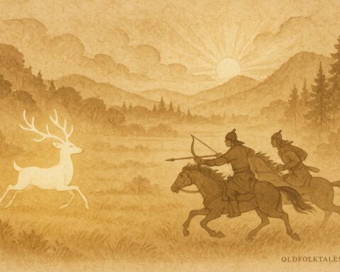 An art of Hunor and Magor pursuing the shining hind, Hungarian folktale scene.