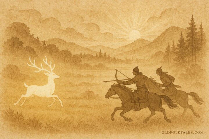 An art of Hunor and Magor pursuing the shining hind, Hungarian folktale scene.