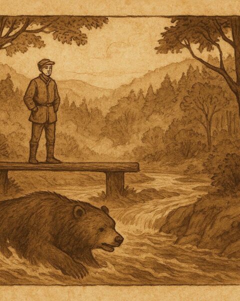 Parchment-style illustration of a clever Belgian human outwitting a bear, fox observing.