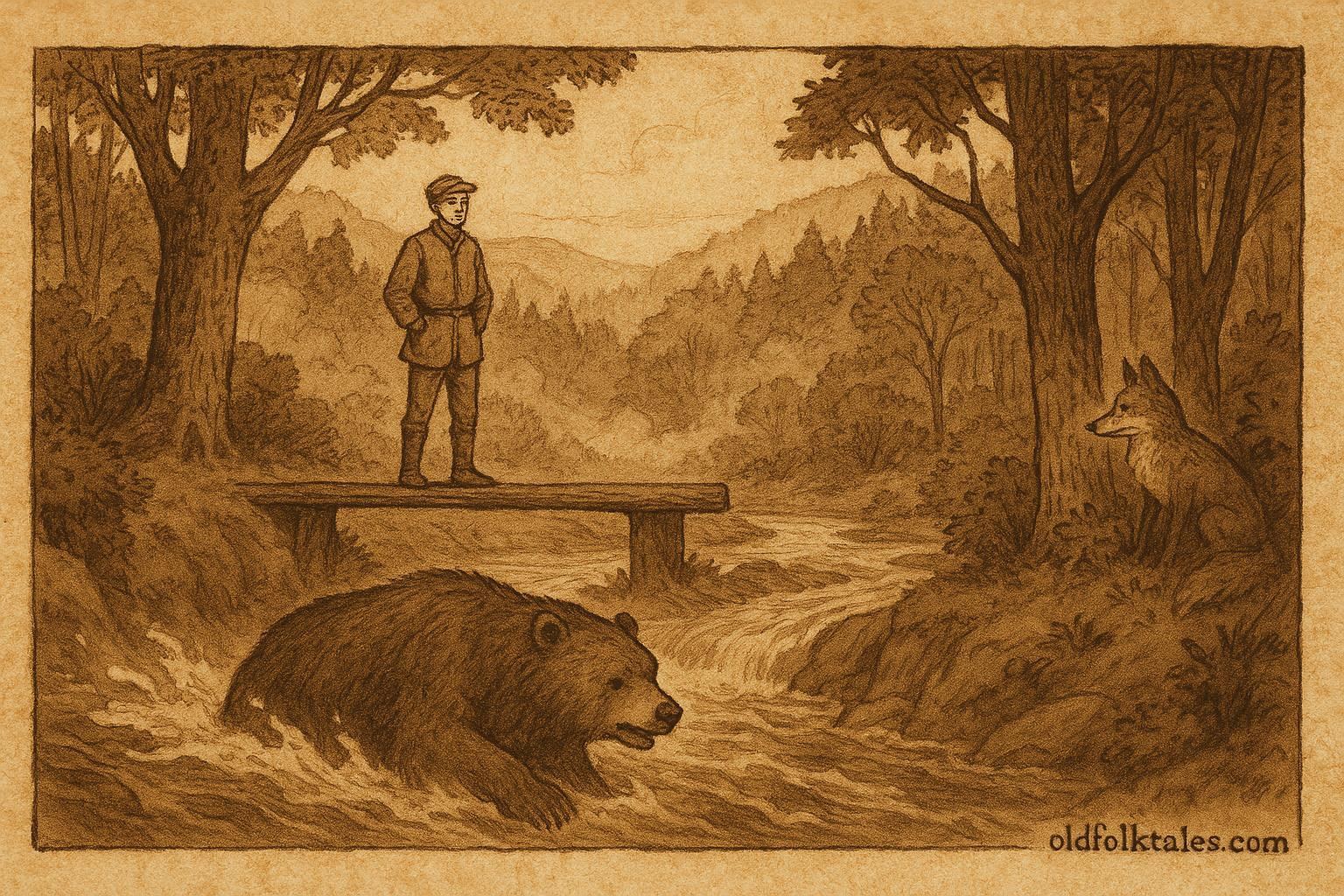 Parchment-style illustration of a clever Belgian human outwitting a bear, fox observing.