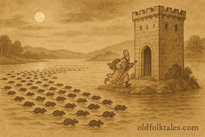 Parchment-style artwork of Archbishop Hatto chased by mice to a Rhine tower, German folktale scene.