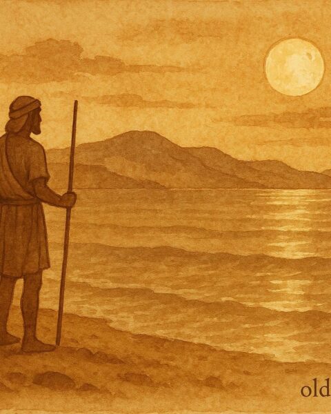 Parchment-style artwork of a Cretan fisherman by the sea under moonlight, inspired by a Greek folktale.