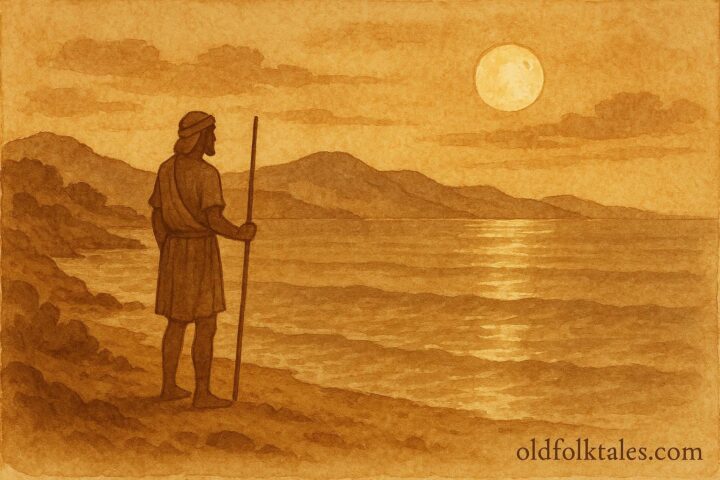 Parchment-style artwork of a Cretan fisherman by the sea under moonlight, inspired by a Greek folktale.