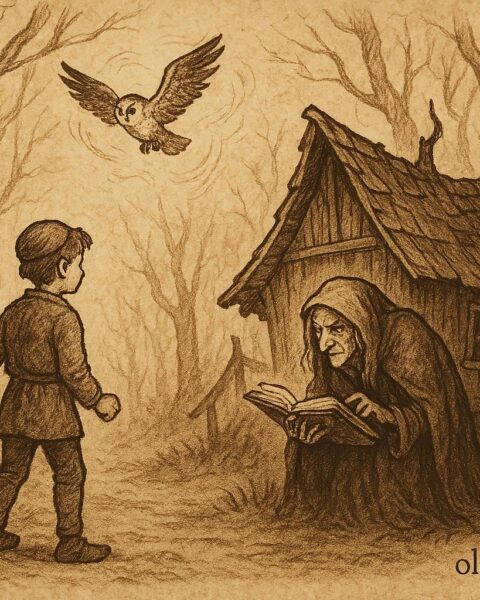 Parchment-style artwork of a brave boy confronting a witch in a Czech folktale scene.