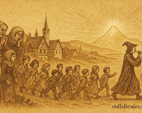 Parchment-style artwork of the Pied Piper leading children to a mountain, German folktale.