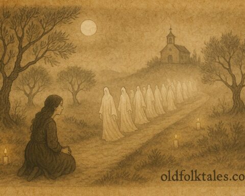 An artwork of Martina watching ghostly souls in Spain’s All Souls’ procession.