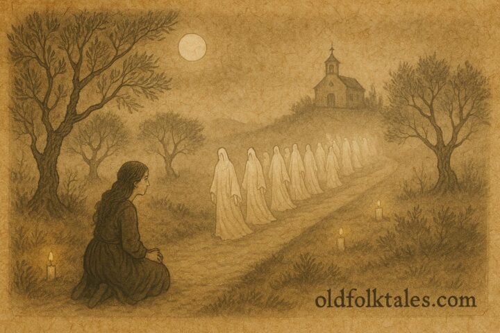An artwork of Martina watching ghostly souls in Spain’s All Souls’ procession.