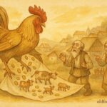 Parchment-style illustration of a giant rooster spilling gold before an old couple, Romanian folktale scene.