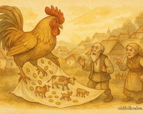 Parchment-style illustration of a giant rooster spilling gold before an old couple, Romanian folktale scene.