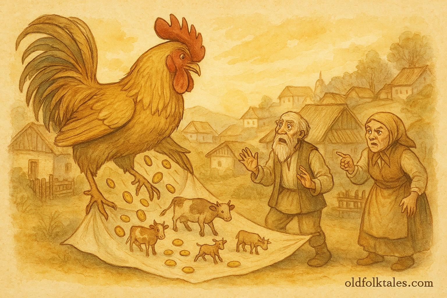 Parchment-style illustration of a giant rooster spilling gold before an old couple, Romanian folktale scene.