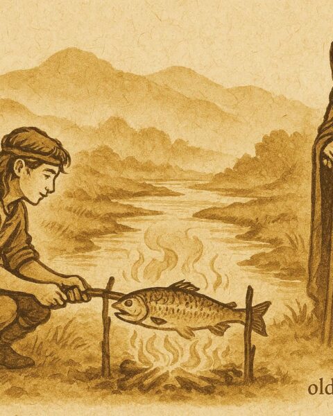 Parchment-style artwork of Fionn mac Cumhaill cooking the Salmon of Knowledge by the River Boyne, Irish folktale scene.