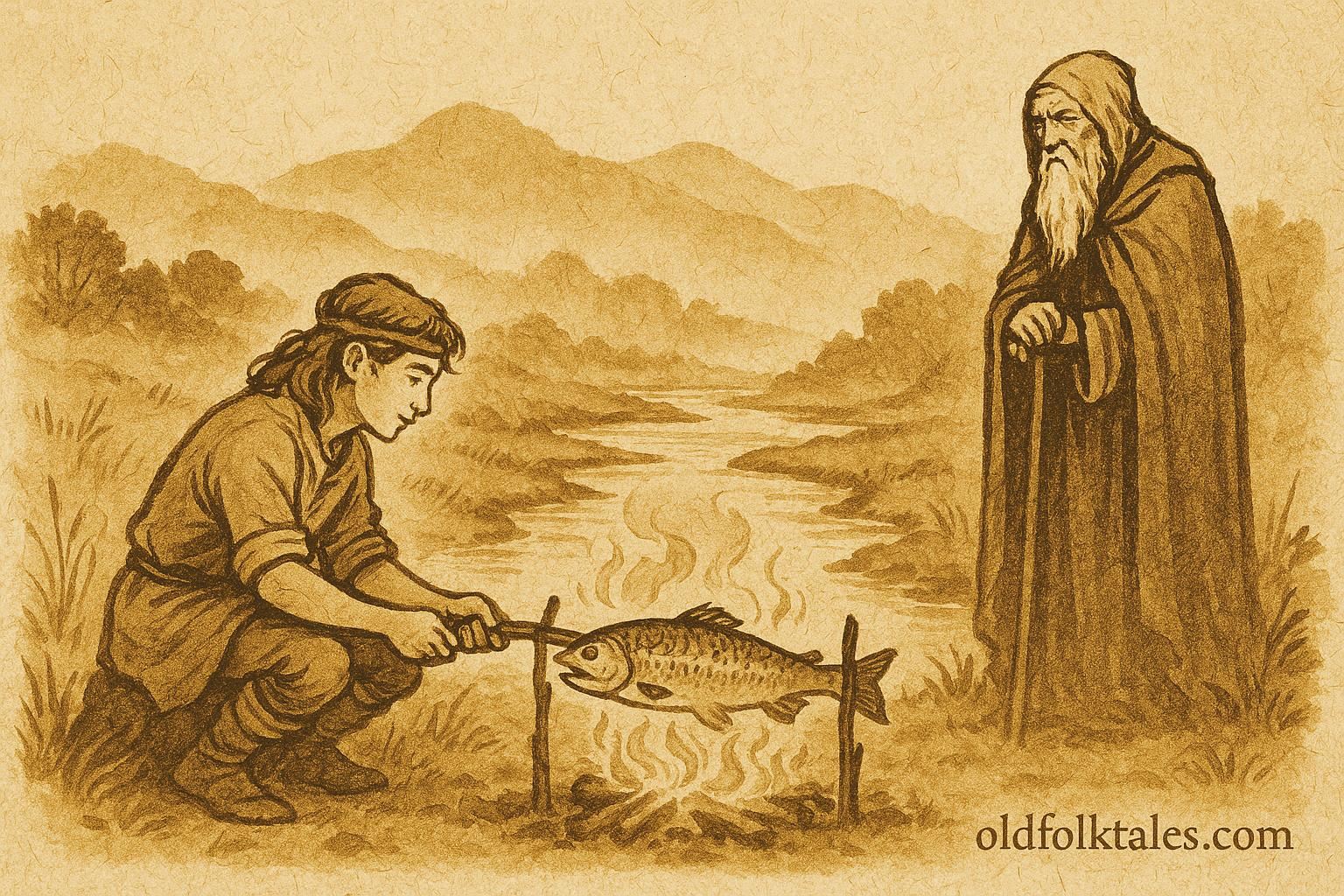 Parchment-style artwork of Fionn mac Cumhaill cooking the Salmon of Knowledge by the River Boyne, Irish folktale scene.