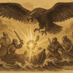 Parchment-style artwork of Väinämöinen’s ship battling Louhi the eagle over the Sampo, Finnish folktale scene.