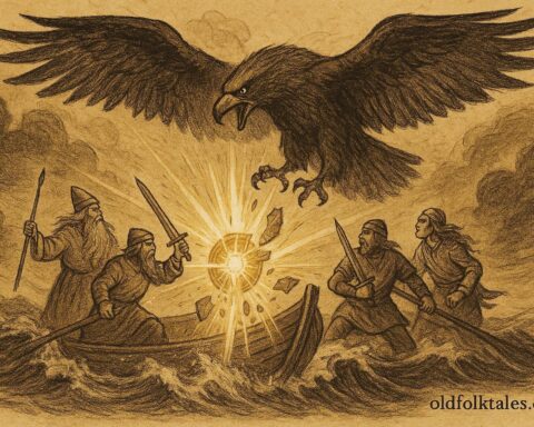 Parchment-style artwork of Väinämöinen’s ship battling Louhi the eagle over the Sampo, Finnish folktale scene.