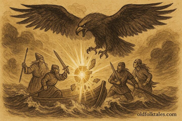 Parchment-style artwork of Väinämöinen’s ship battling Louhi the eagle over the Sampo, Finnish folktale scene.