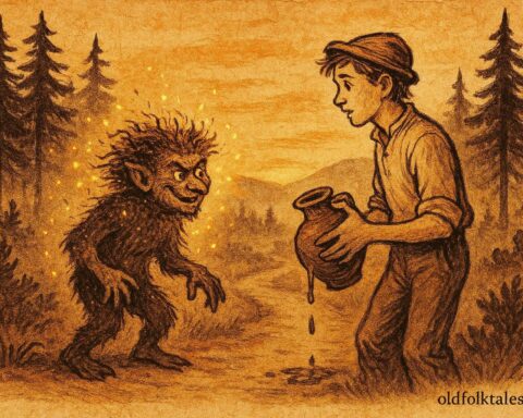 An illustration of a young man meeting the Scurfhead in a misty Albanian forest at dusk.