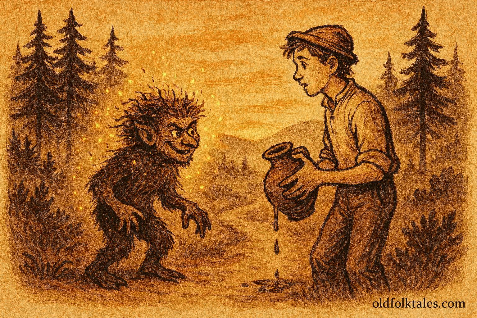 An illustration of a young man meeting the Scurfhead in a misty Albanian forest at dusk.
