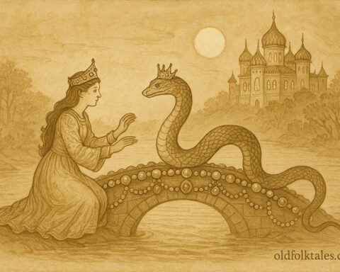 An illustration of Bosnian princess with serpent groom on jeweled bridge, Bosnian folktale scene.