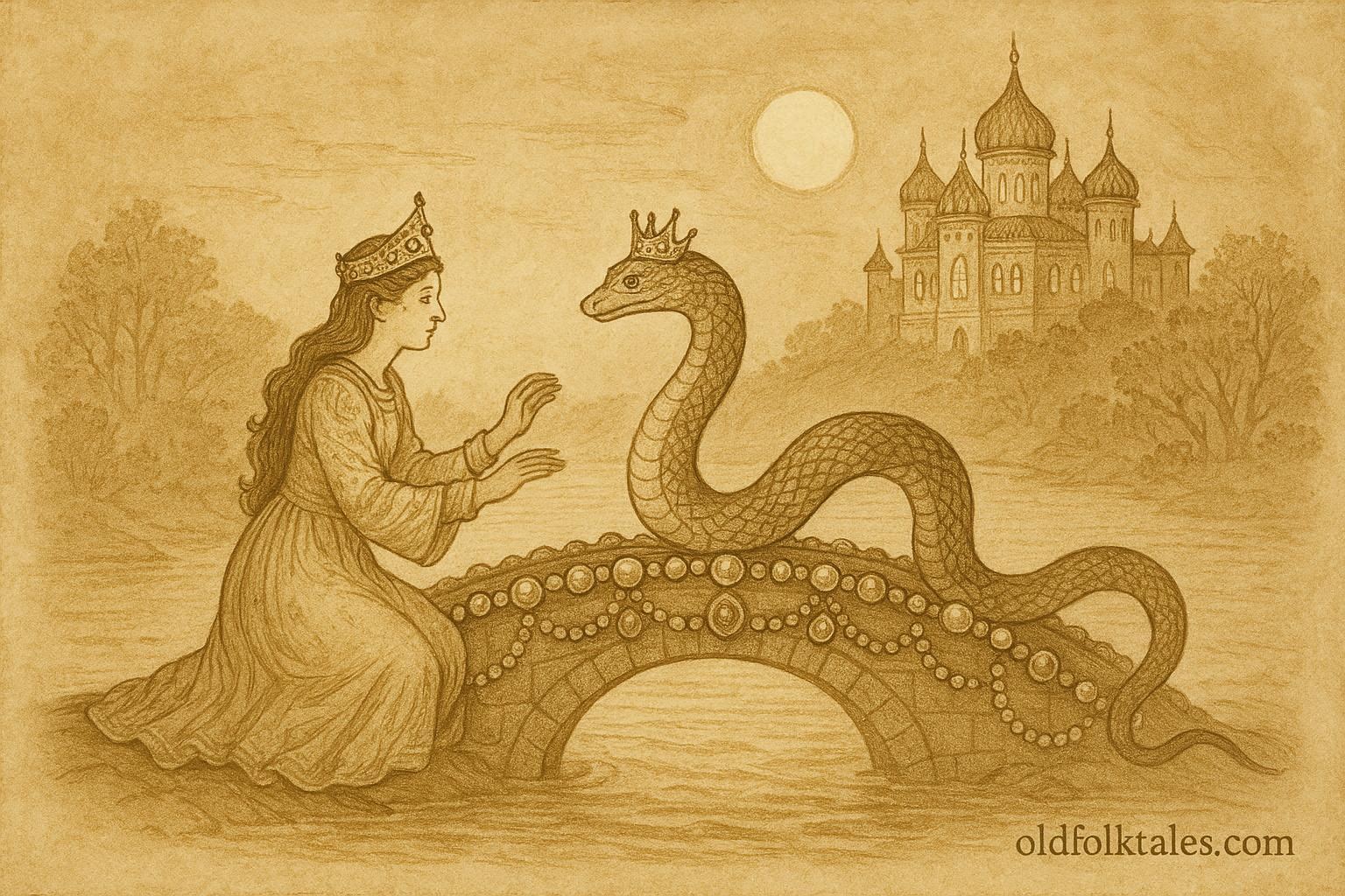 An illustration of Bosnian princess with serpent groom on jeweled bridge, Bosnian folktale scene.