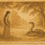An illustration of maiden and serpent prince in Hungarian forest folktale scene.