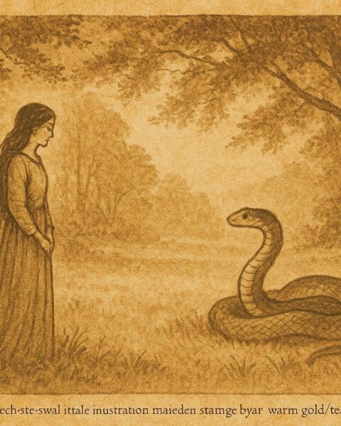 An illustration of maiden and serpent prince in Hungarian forest folktale scene.