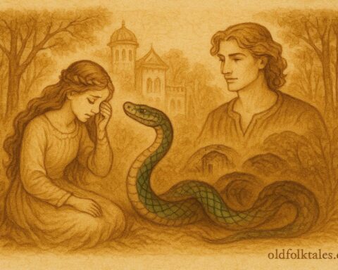 An illustration of the Serpent Prince turning human beside the princess, Italian folktale scene.