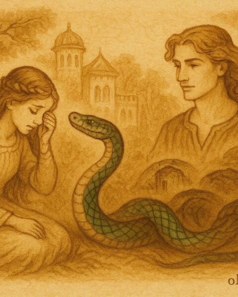 An illustration of the Serpent Prince turning human beside the princess, Italian folktale scene.