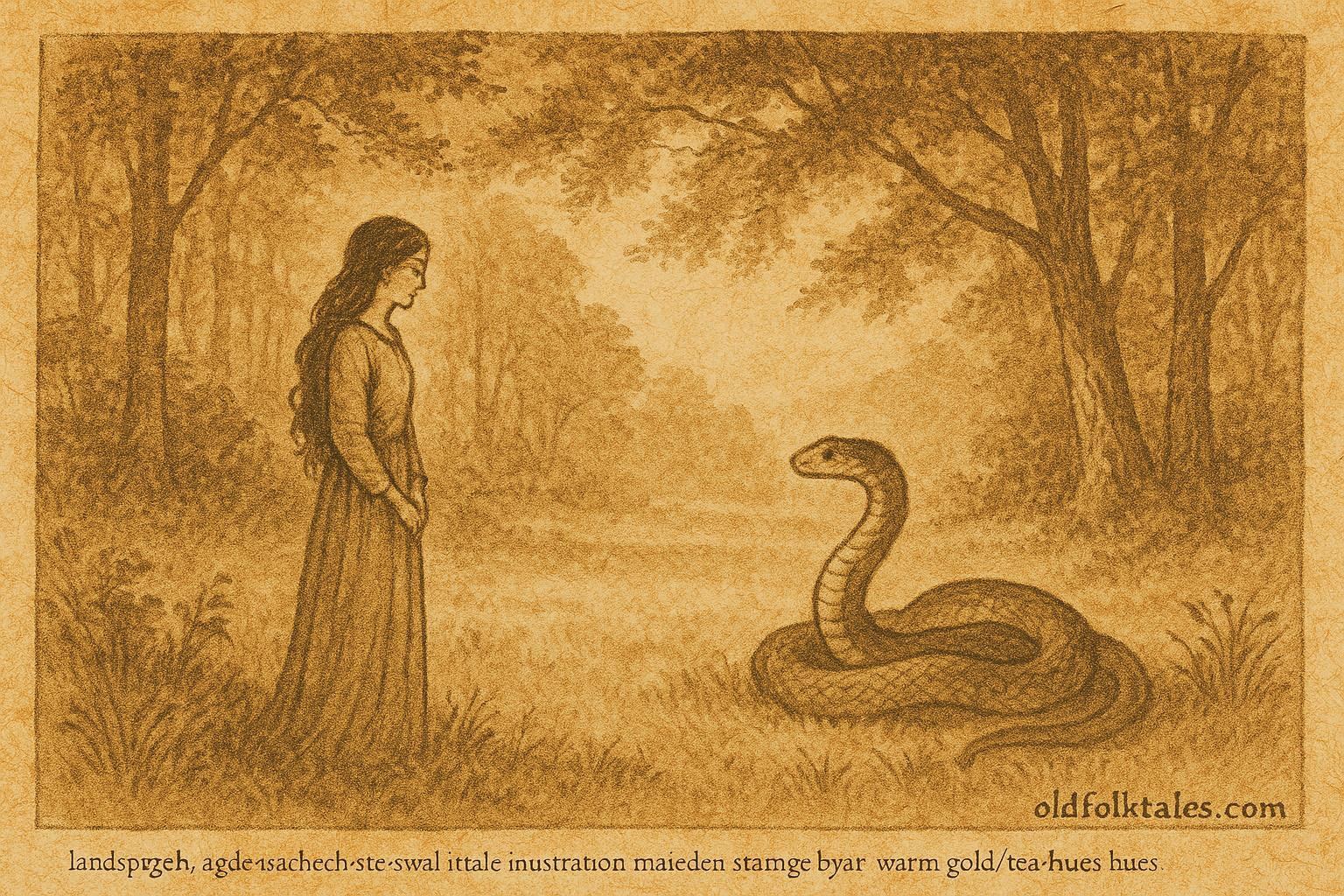 An illustration of maiden and serpent prince in Hungarian forest folktale scene.