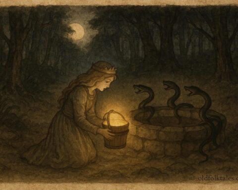 An art of a brave Ukrainian princess drawing the Water of Life from a pit guarded by serpents.