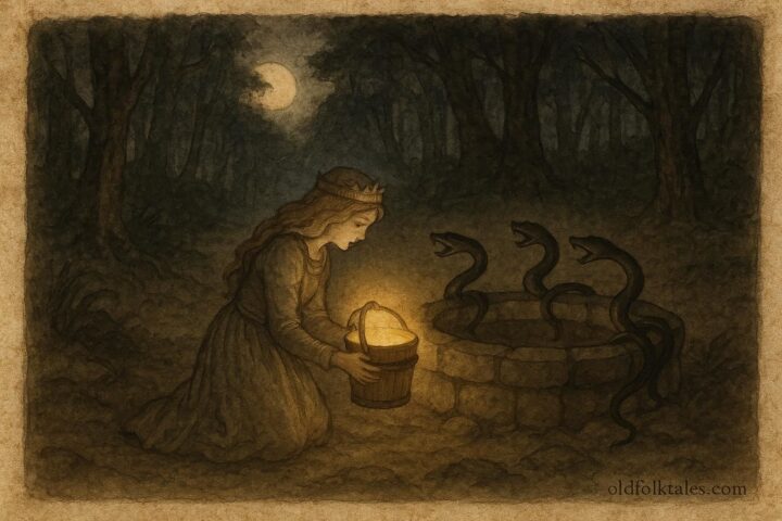 An art of a brave Ukrainian princess drawing the Water of Life from a pit guarded by serpents.